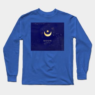 Golden Moon Goddess on Dark Blue Galactic Background Long Sleeve T-Shirt